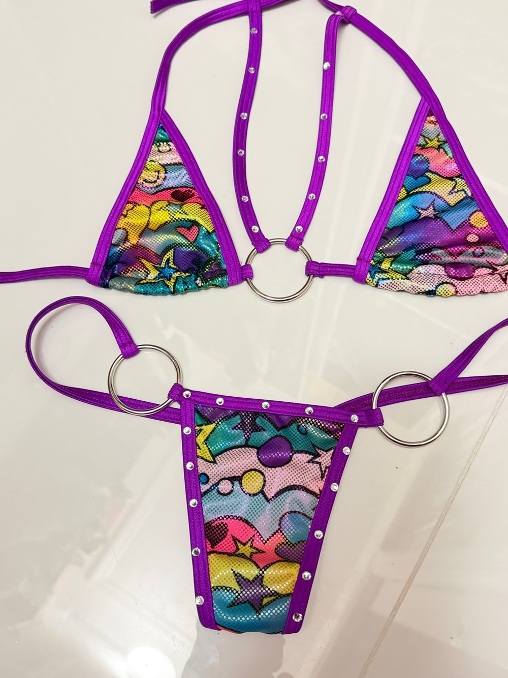 Vibrant Purple Trim Multicolor Star Print Micro Bikini